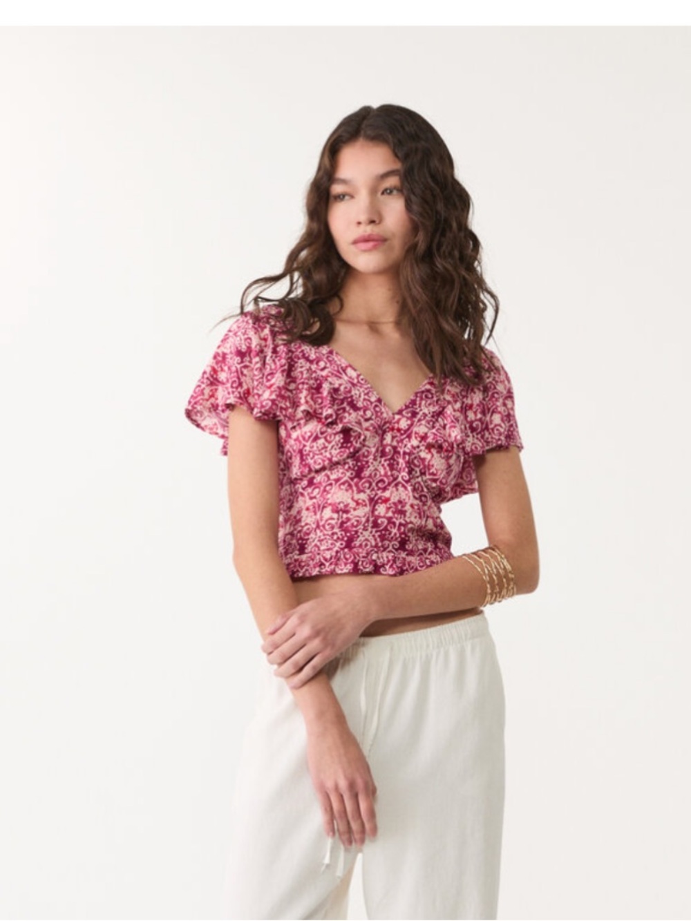 stradivarius Rose-Pink Floral V-Neck Smocked Crop Top
